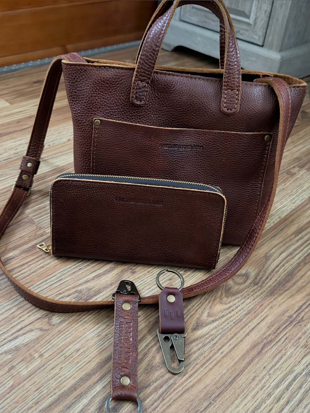 Portland Leather Mini Crossbody handbag purse, wallet and keychains bundle